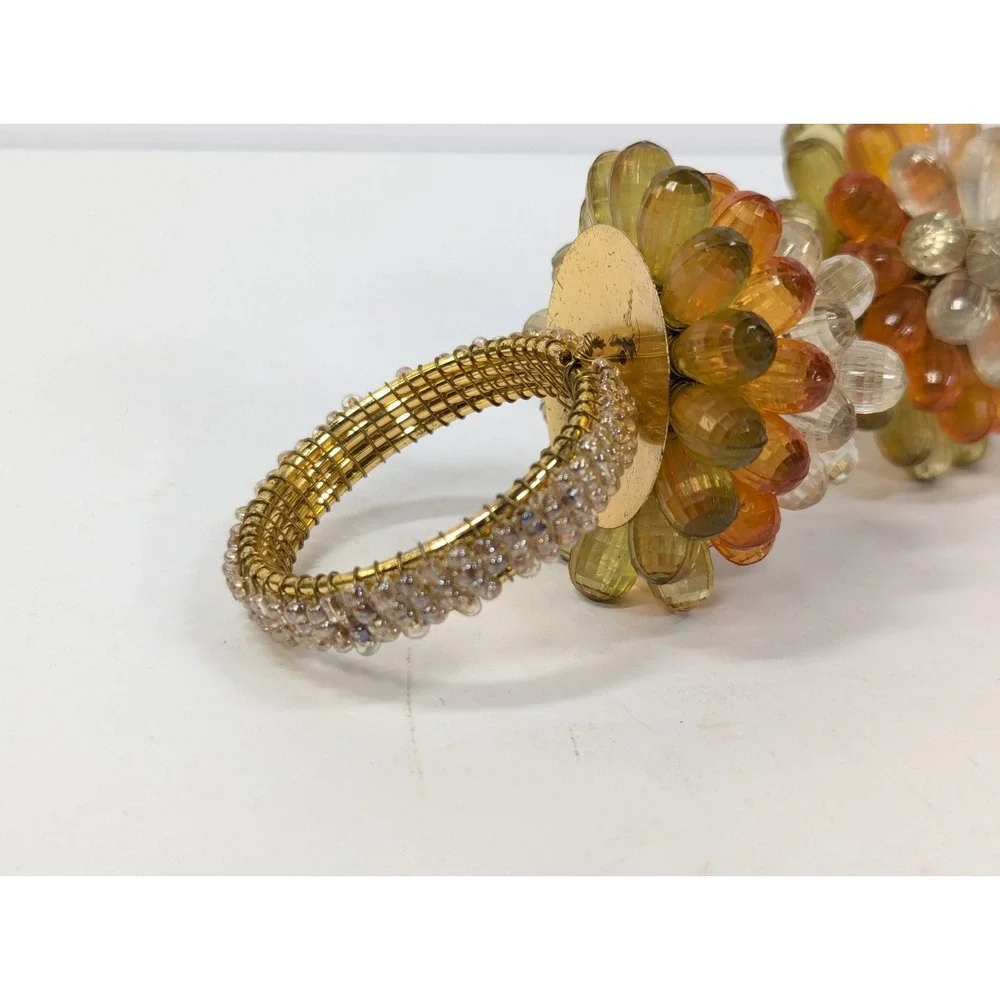 4 Vintage Mid Century Modern Vibe Orange Yellow Clear Faceted Bead‎ Napkin Rings